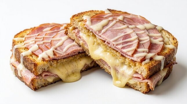 Close-up grilled cheese sandwich made A watercolor of hot croque monsieur, French ham