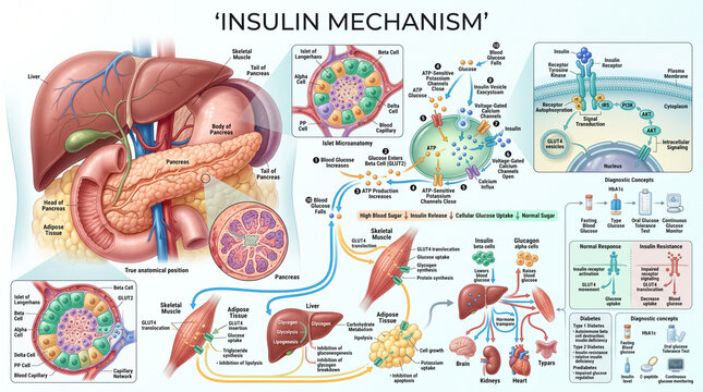 Detailed medical infographic showing the complex insulin mechanism and pancreatic function with anatomical diagrams for educational and scientific research purposes
