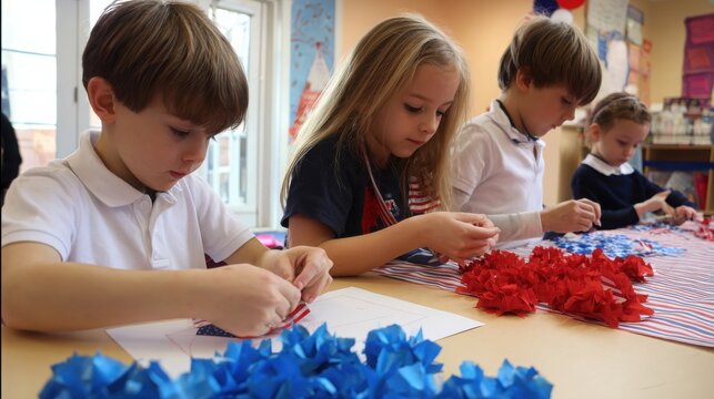 Group of young students creating colorful paper crafts in a classroom