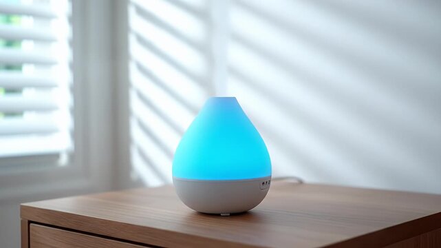 Electric essential oil diffuser glowing blue on a wooden table in a bright room