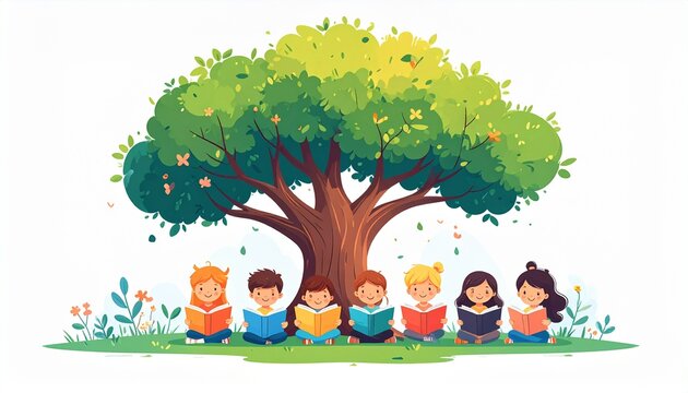 Colorful tree with children and animals in a whimsical forest scene.