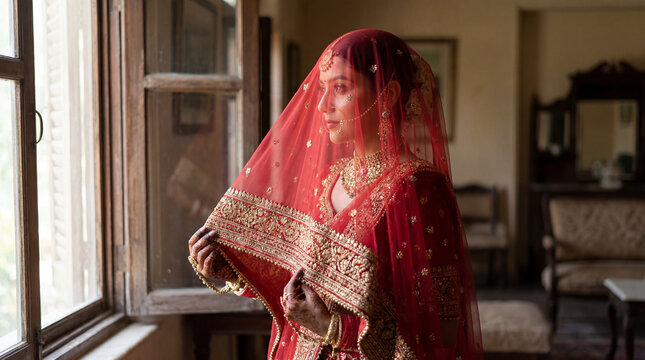 Indian Bride in Red Veil Adorned with Gold Embroidery