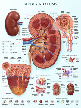 Detailed anatomical illustration of human kidney structure showing internal components nephrons blood vessels and various essential biological renal system functions