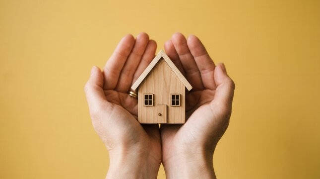 Pair hands holding small wooden house A model is being gently held by