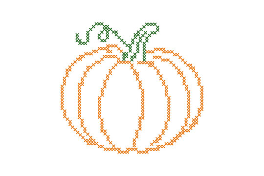 Cross stitch embroidery autumn pumpkin. Vintage pixelated needlework seasonal graphic element. Vector illustration isolated on white background.