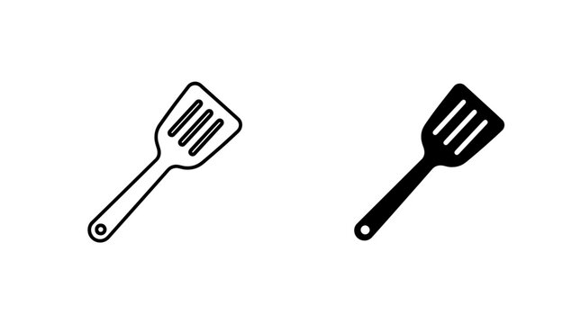 Kitchen spatula icon set in line and solid style with cookware