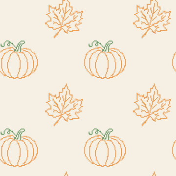 Autumn pumpkin and maple leaf cross stitch embroidery seamless pattern. Vintage pixelated needlework repeating background vector illustration.
