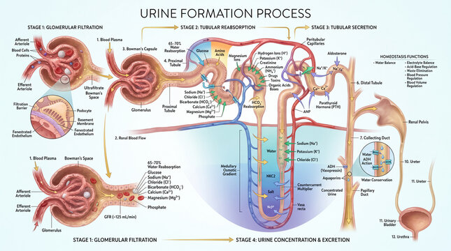 Detailed medical diagram illustrating the complex biological process of urine formation within the human kidney nephron system for educational purposes