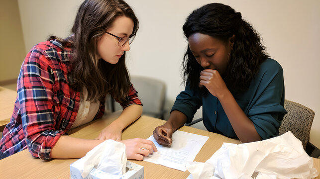 A counseling session on volunteer burnout led by a nonprofit program manager, using a conference table and a nearby box of tissues to support an emotionally exhausted field volunteer as they complete 