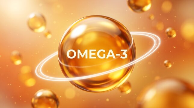 Floating golden omega 3 oil capsule in liquid environment with abstract light bubbles and glowing rings for dietary supplement and healthy heart nutrition advertisement background