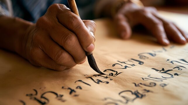 A hand holds a brush and writes flowing black ink characters on textured paper with another hand resting nearby