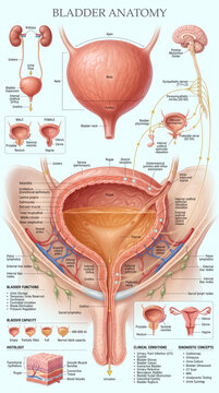 Detailed medical illustration showing human bladder anatomy with labels for organs nerves histology clinical conditions and various urinary system functions