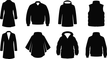Set of black flat icons representing various winter coats, jackets, vests, and capes for fashion design projects © MDMORSALIN