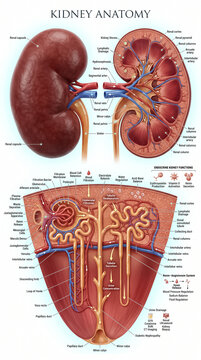 Detailed medical illustration showing human kidney anatomy with internal structures including nephron filtration and endocrine functions on a white background