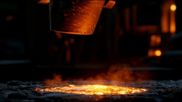A worker pours molten metal into a mold in an industrial area. The bright glow of the metal lights up the workspace as it flows.