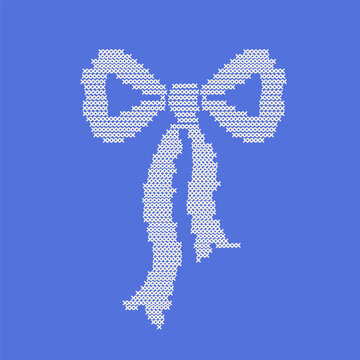 Cross-stitch embroidery festive bow isolated on background. A geometric pixelated needlework vintage ribbon motif for Christmas greeting cards, winter stationery layouts, handmade craft design. Vector