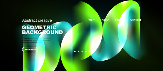 Naklejka premium Abstract geometric background. Vibrant green, blue hues dominate design. Website header includes navigation, text, button. Modern aesthetic.