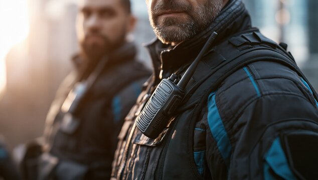 Two men in jackets standing on a city street, close-up portrait