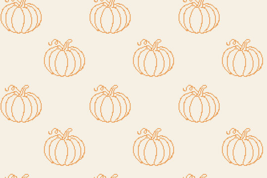 Autumn pumpkin cross stitch embroidery seamless pattern banner. Vintage pixelated needlework repeating background with handmade monochrome orange squash vector illustration.