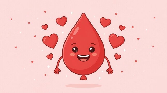 Digital illustration red balloon cute face A modern cartoon of blood drop character designed