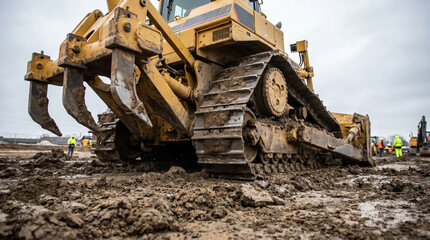 Fototapeta premium Close-Up View of Bulldozer Tracks and Blade on Wet Muddy Construction Ground