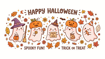 Fototapeta premium Charming cartoon ghosts celebrating a festive Halloween with autumn leaves and spooky fun