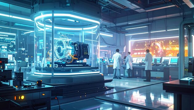 Modern high tech automotive manufacturing assembly line with robotic arms.