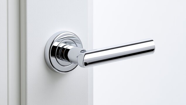 Sleek, modern chrome lever door handle mounted on a white door frame