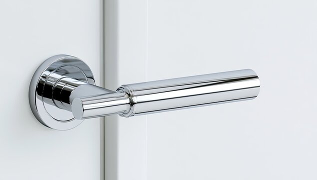 Sleek, modern chrome lever door handle on a white door