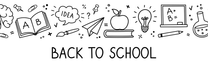 Educational horizontal banner with hand drawn school doodles and bold Back to School lettering. Vector graphic background with copy space for seasonal sale announcements and store headers © Helen