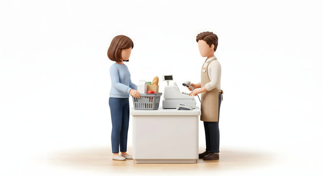 スーパーのレジで会計をする店員と買い物カゴを持つ女性客の3Dイラスト
