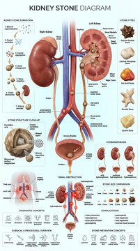 Detailed medical illustration showing human kidney stone formation types anatomy obstruction symptoms diagnosis and various surgical treatment options for patients