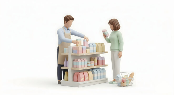 スーパーの売り場で品出しをする店員と商品を選ぶ女性客の3Dイラスト

