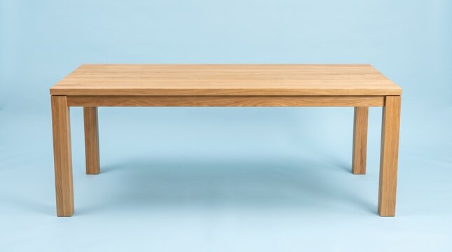 Minimalist rectangular wooden dining table made of light oak, featuring clean lines and a modern design, isolated against a solid light blue background.