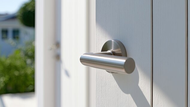 Brushed metal door handle on white wood, sunlight casting shadows
