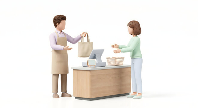 レジで女性客にマイバッグを渡すスーパーマーケットの店員のエコな3Dイラスト
