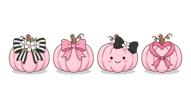 Set of Four Cute Pastel Pink Pumpkins with Decorative Bows and Flowers