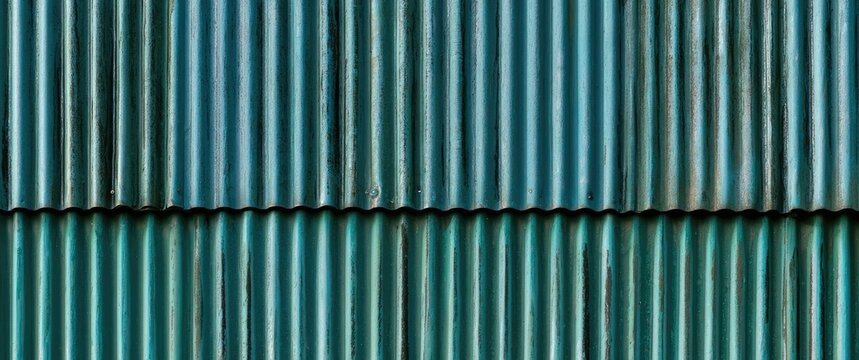 Two rows of weathered, teal corrugated metal panels with visible rust