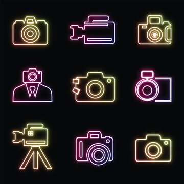 Creative camera and video photography neon icons set with glowing colorful line art on black background