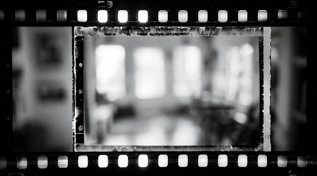 Close-up of film strip projector frame with light leak texture