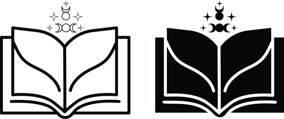 Open magic book icon set with moon phases and stars in black and white line art style © MDOSMAN