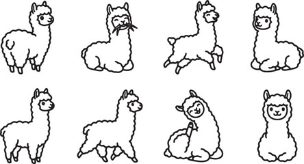 Fototapeta premium Cute alpaca character set, hand drawn llama doodle collection with 8 vector icons, minimalist black and white animal illustrations for stickers isolated on Transparent Background