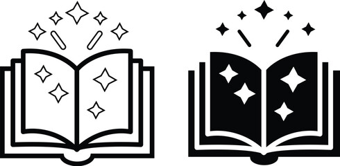 Open magic book icons with sparkling stars in black and white line art style © MDOSMAN