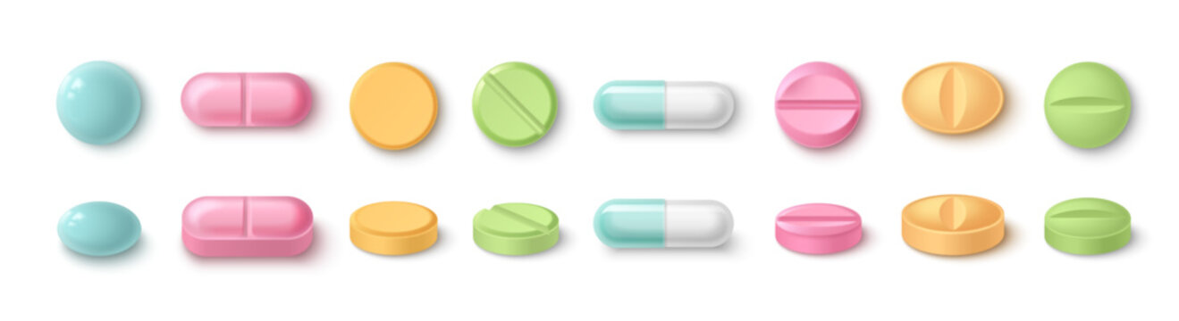 Color 3d pill and tablet mockup with realistic shadow, vector set isolated on white background. Medical capsule icon for healthcare, pharmacy branding, vitamin packaging, or pharmaceutical design