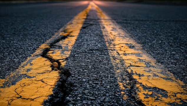 A cracked asphalt road with faded double yellow lines, vanishing into the distance
