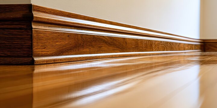 Polished wooden baseboard and shiny floor, warm tones, elegant detail