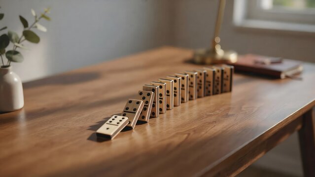 Wooden domino tile falling in sweeping curve &ndash; Great for causation theories, mechanical engineering concept art, or traditional hobbies.