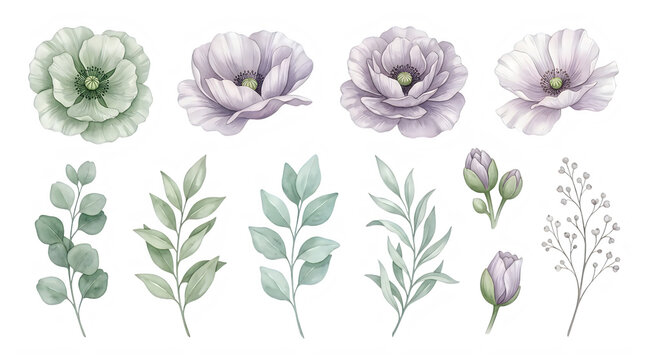 Watercolor flowers and leaves arrangement