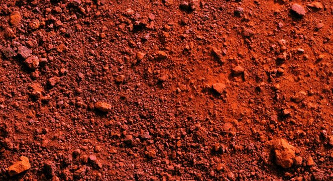 Close-up view of textured reddish-brown Martian soil and small rocks