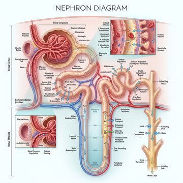 Detailed medical illustration showing the anatomy and physiological process of a human nephron within the renal cortex and medulla structures